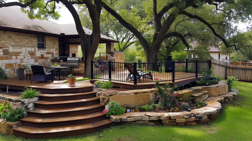 a beautifully landscaped backyard with a spacious deck made of composite or pvc decking in copperas cove, tx.