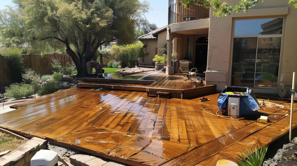 a patio installer carefully staining a high-quality wood surface, ensuring enhanced durability and color retention.