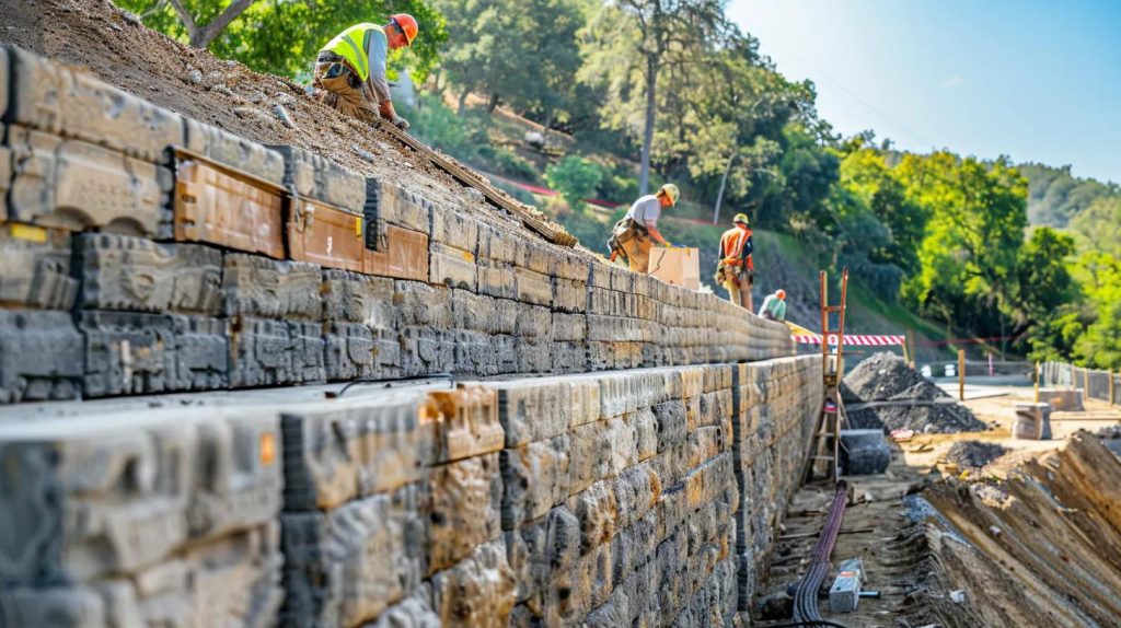 a team of construction workers building a robust retaining wall with precision and expertise.