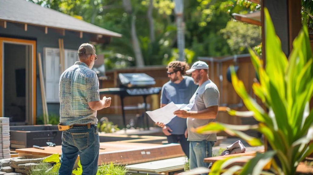 a group of contractors discussing plans for a deck construction project in a backyard setting.