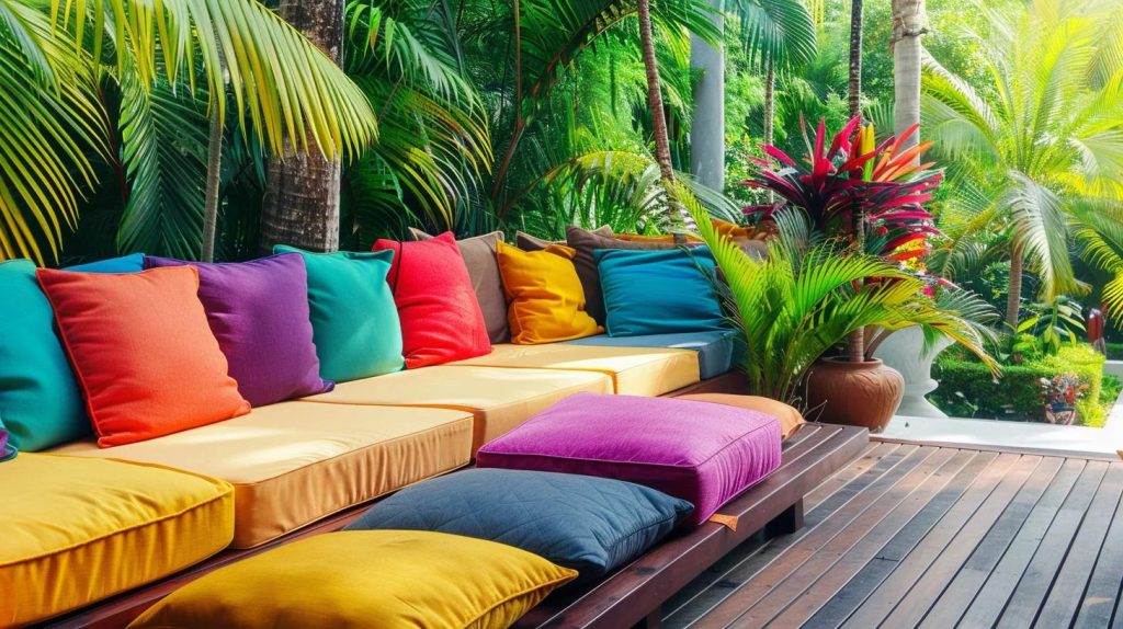 vibrant cushions in contrasting colors on a deck overlooking a lush garden.