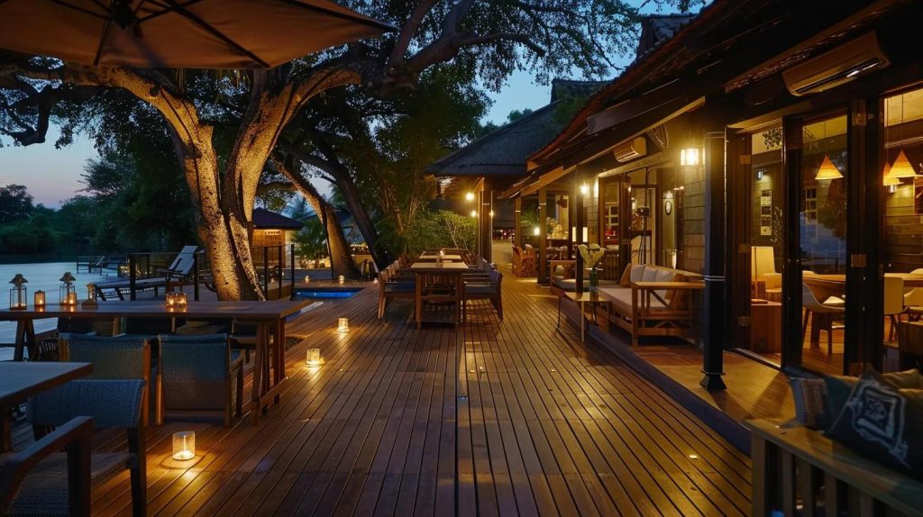 a beautifully lit deck or patio in the evening, with strategically placed outdoor lighting highlighting key features and creating a warm ambiance for guests to enjoy.