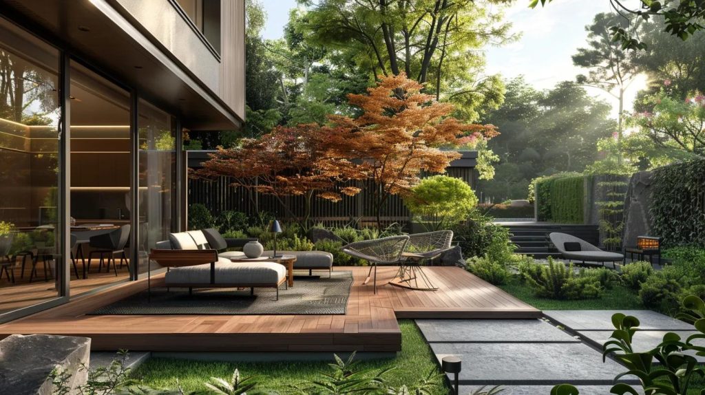 a modern outdoor deck with sleek horizontal railings overlooking a beautifully landscaped yard.