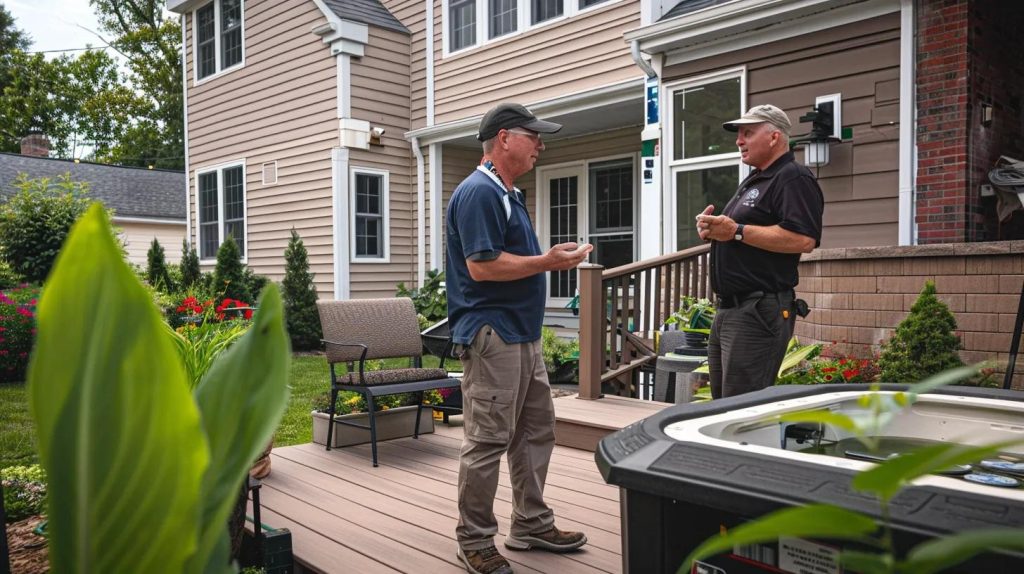 a construction expert discussing deck and patio enhancements with a homeowner.