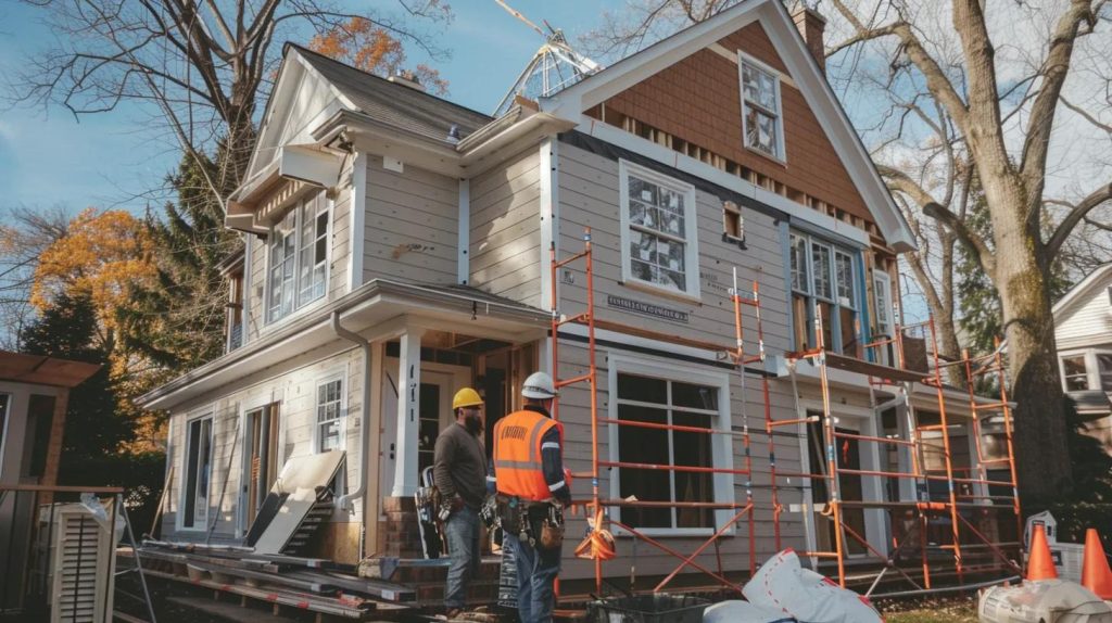 local siding contractors discussing materials and project details in front of a house undergoing renovation.