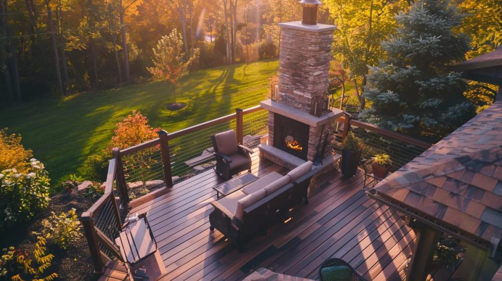 a team of experienced deck builders carefully crafting a custom outdoor fireplace on a deck overlooking a lush backyard landscape.