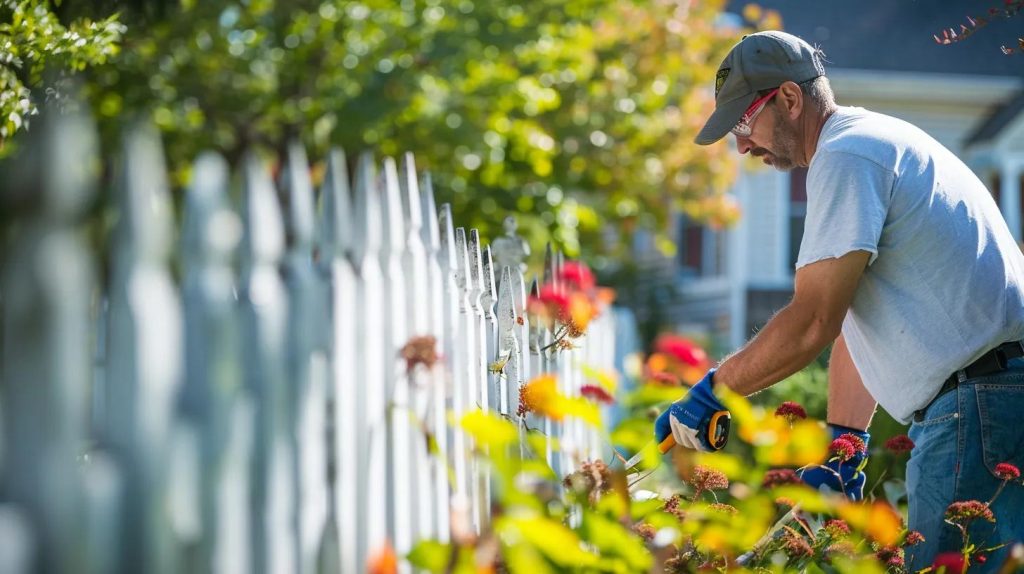 a professional team expertly installing a picket fence in a yard.