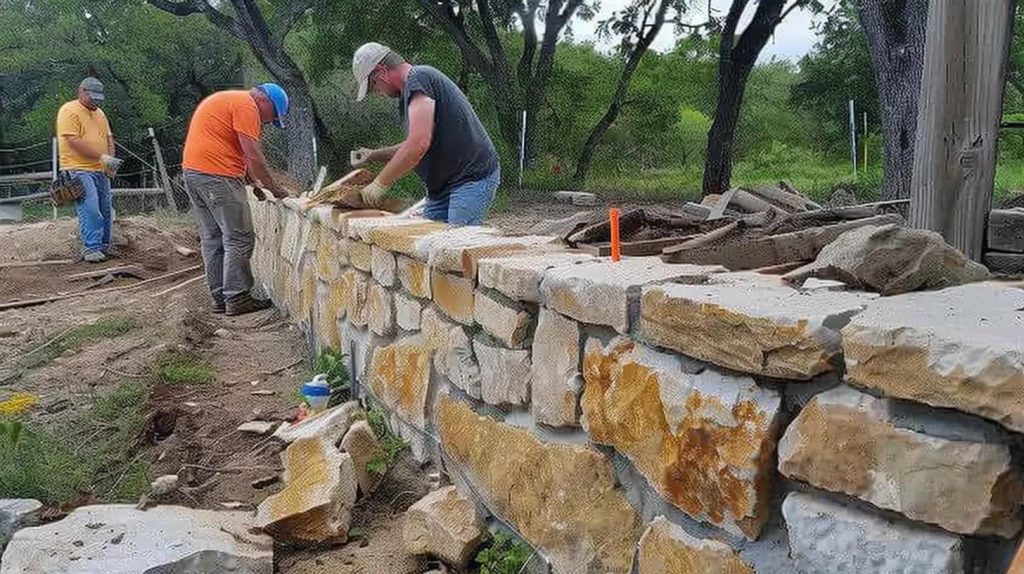 a sturdy stone fence being expertly constructed by skilled craftsmen in copperas cove.