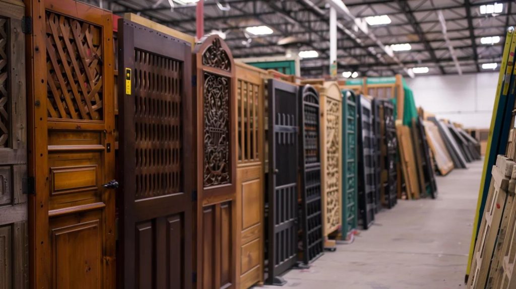 a variety of fence panels and gates on display in a home improvement store.