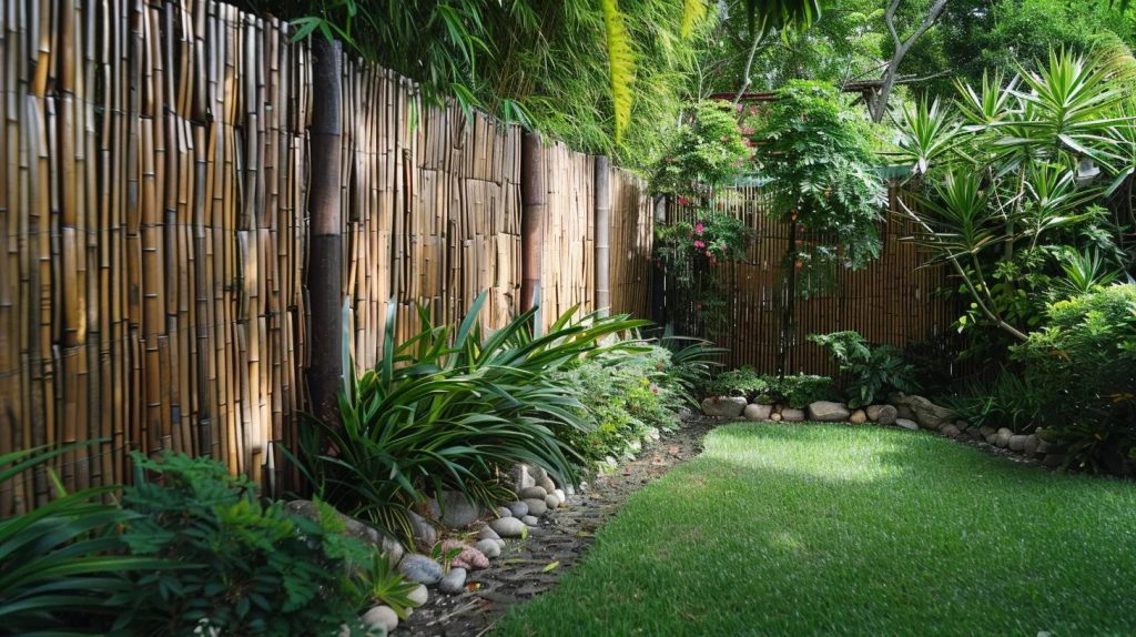 a lush bamboo fence screening blending harmoniously with a garden's verdant landscape and providing privacy.