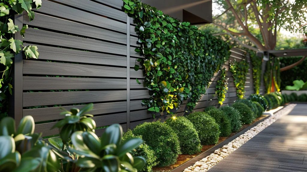 a modern composite fence seamlessly blending with lush greenery to create a stylish and private outdoor space.