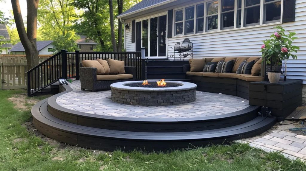 a beautifully crafted fire pit surrounded by a deck, showcasing the meticulous design and reliable construction of a reputable team of contractors.