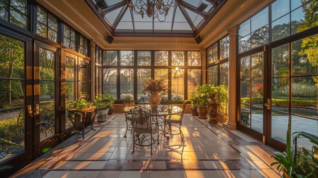 a sunroom with glass walls overlooking a beautifully lit patio.
