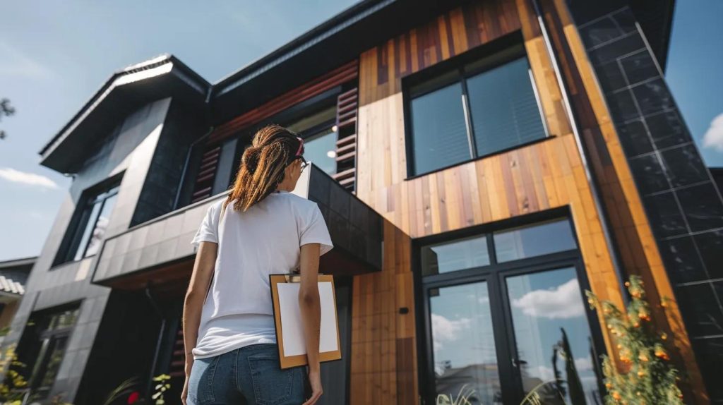 a person standing in front of a house examining different siding materials with contractor portfolios.