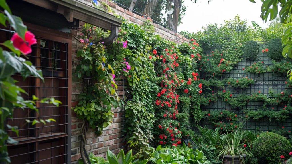 a trellis covered in vines and flowers extends vertically along a brick fence, creating a lush green wall of privacy and beauty.