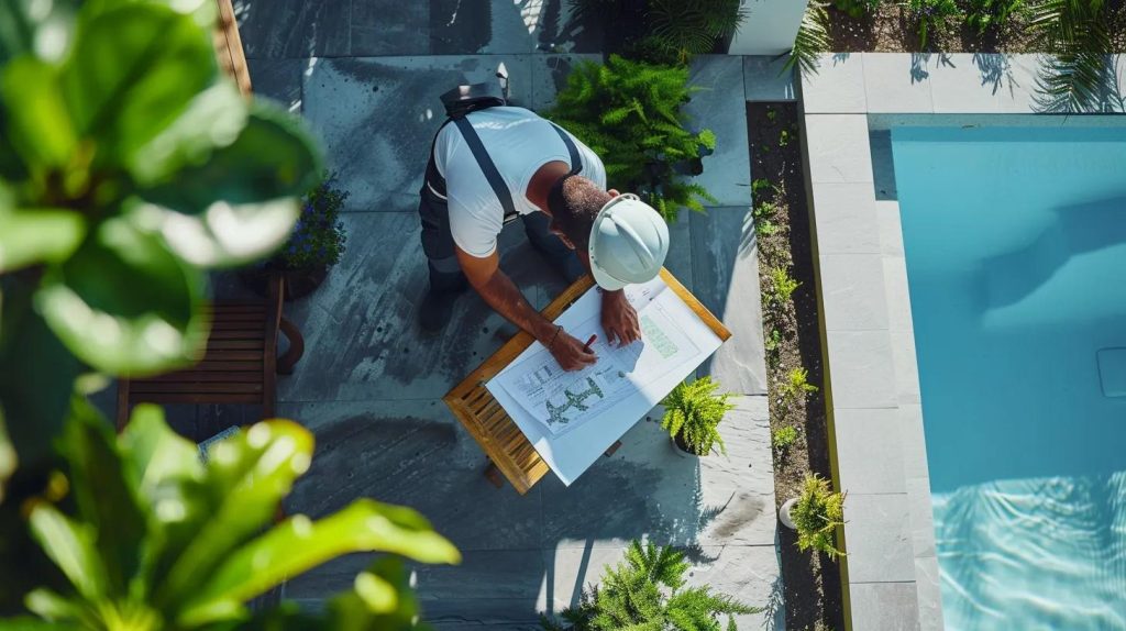a landscape contractor mapping out a garden design surrounded by steel structures and a pool contractor creating an oasis under the sun.
