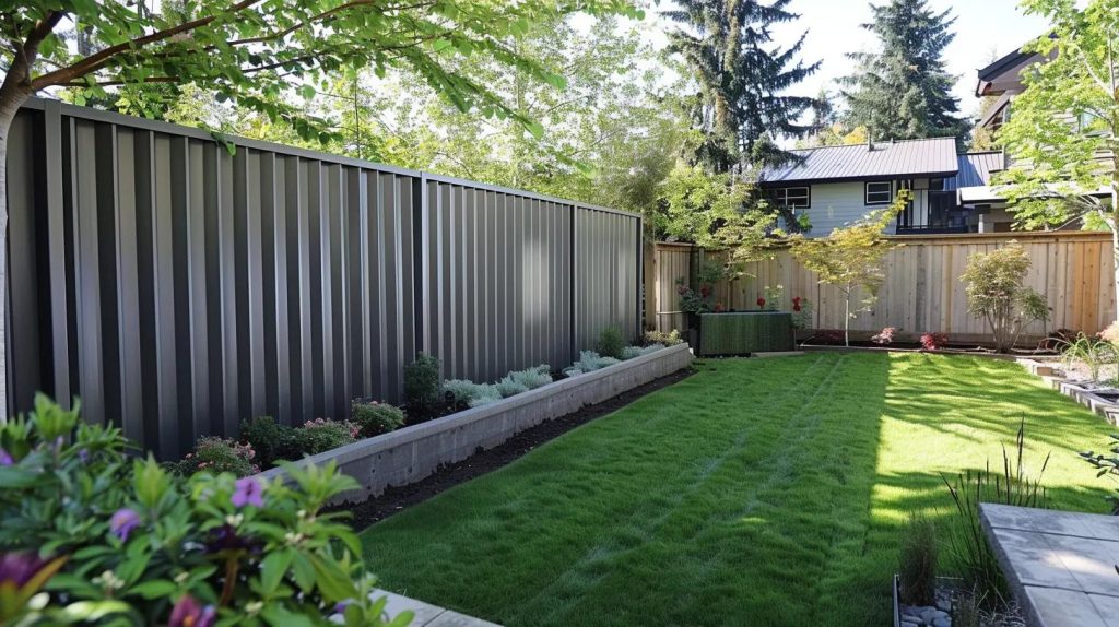 a sleek and modern corrugated metal fence encloses a well-manicured lawn, providing privacy and style to a patio area.