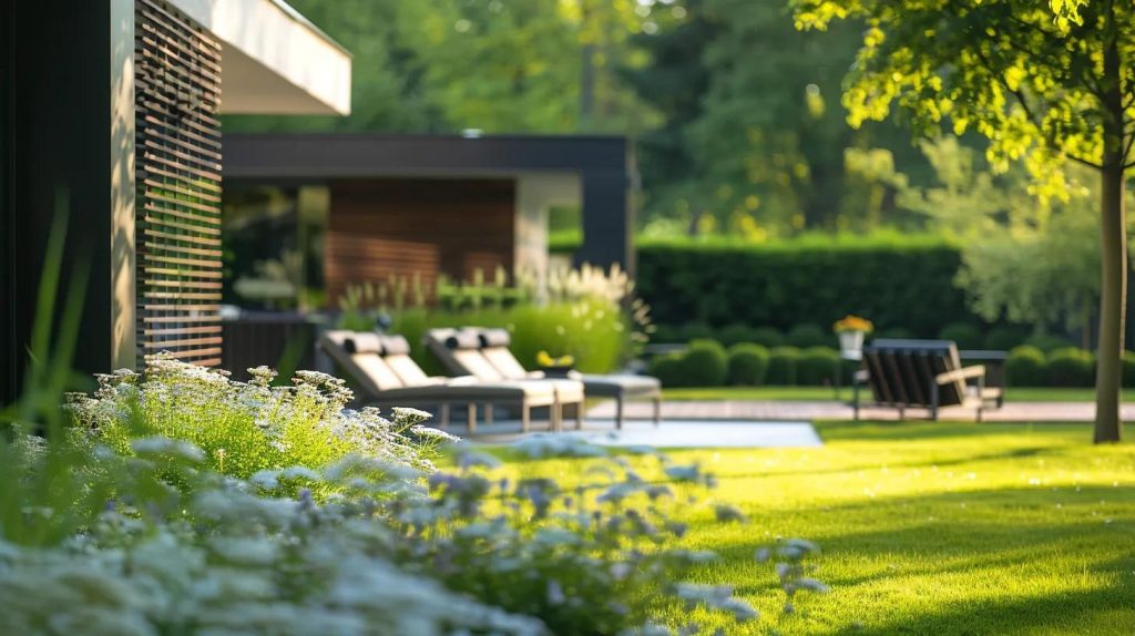 a sleek and modern iron or aluminum privacy fence standing elegantly around a well-maintained property.