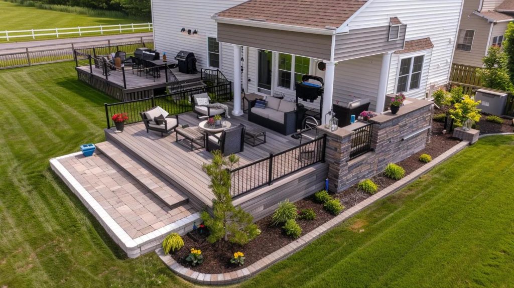 a wide shot of a deck or patio extended seamlessly into a spacious backyard with integrated features like built-in seating and planters.
