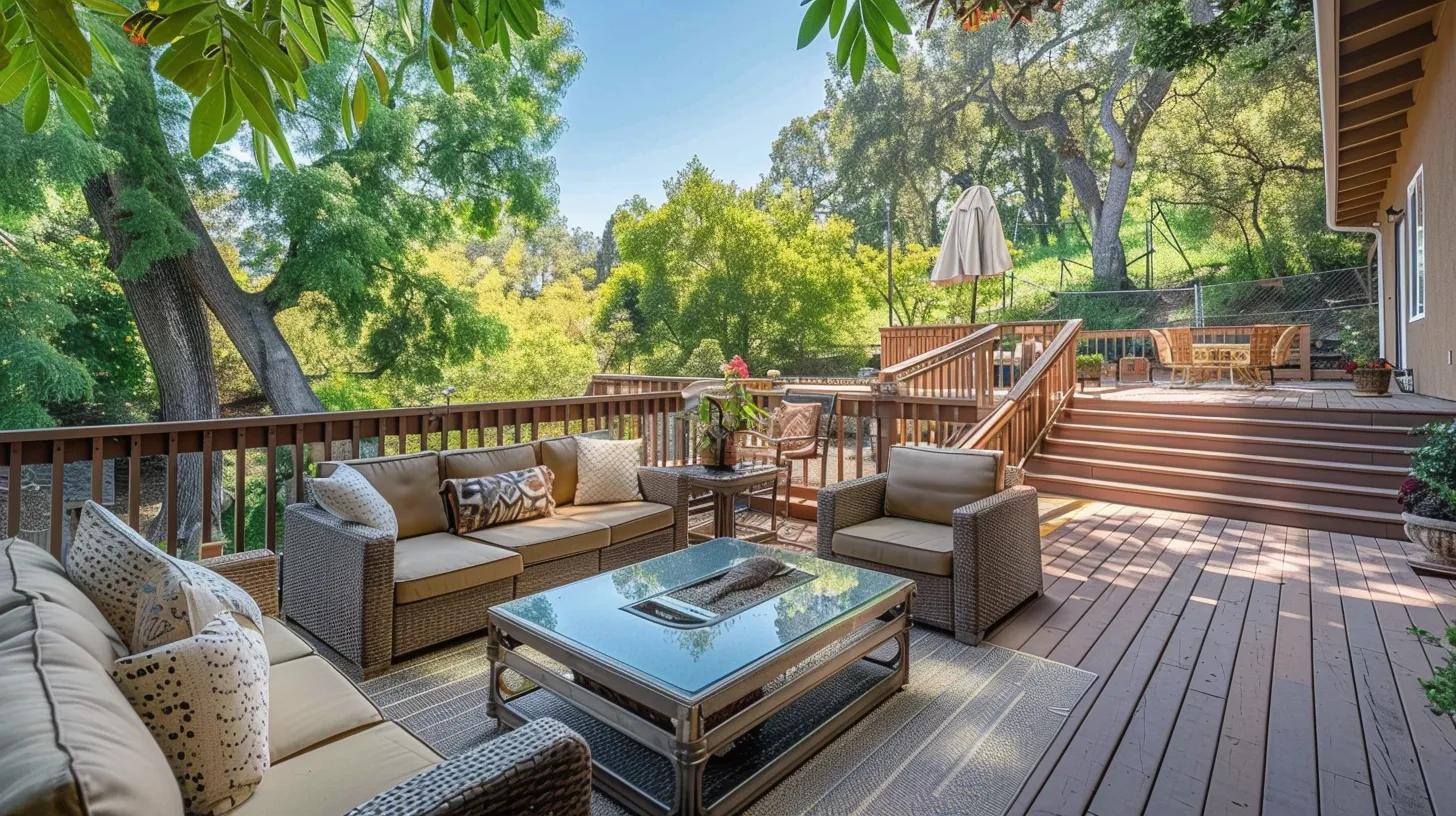 a beautiful outdoor patio with multi-level stairs leading to a spacious deck.