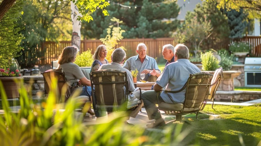 a group of people discussing outdoor living enhancements with a contractor in a backyard setting.