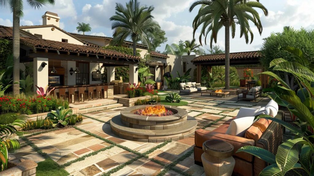 a cozy fire pit lounge seamlessly transitions into an al fresco kitchen area in a backyard filled with multi-zone outdoor living spaces.