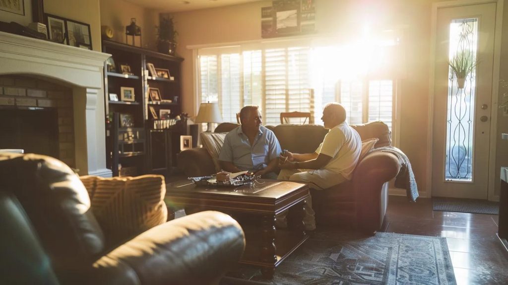 a homeowner discussing remodeling plans with a contractor in a well-lit living room.