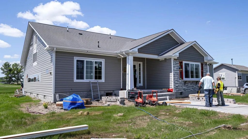 a house being prepped for siding installation with workers discussing materials and colors.