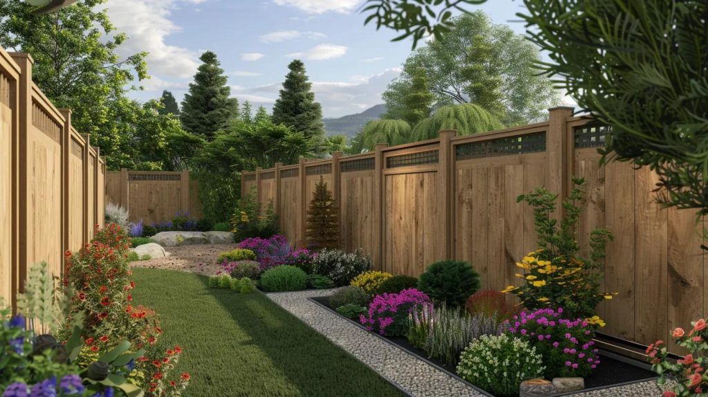 a beautifully crafted privacy fence blending seamlessly with a lush garden oasis.