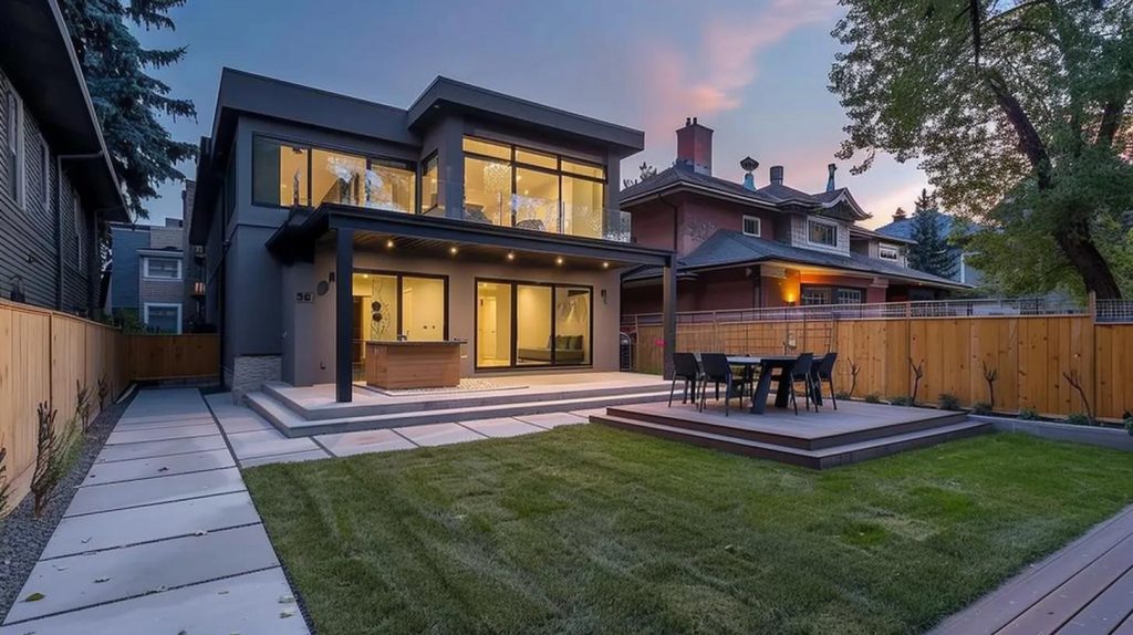 a sleek gray privacy fence delineating a contemporary property line.