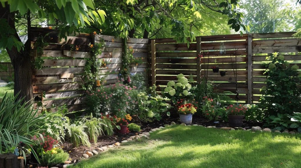 a rustic pallet privacy fence offering both seclusion and charm in a backyard setting.