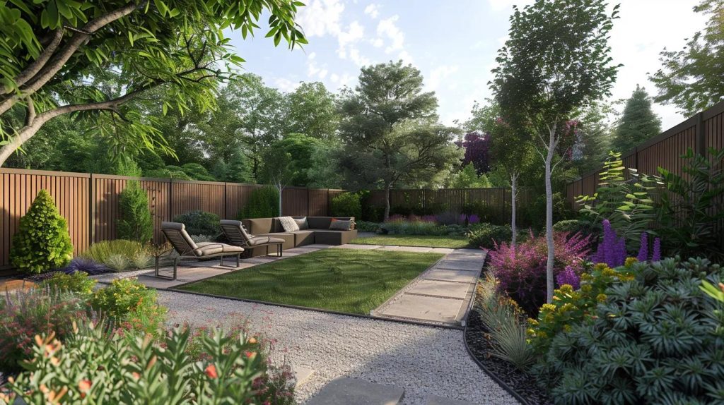 a modern panel privacy fence surrounds a backyard oasis, offering security and sophistication.