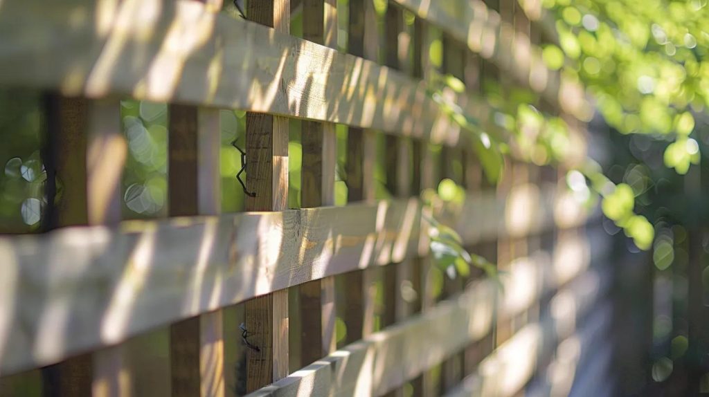 a shadow box privacy fence with an alternating pattern providing privacy while allowing a gentle breeze to pass through.
