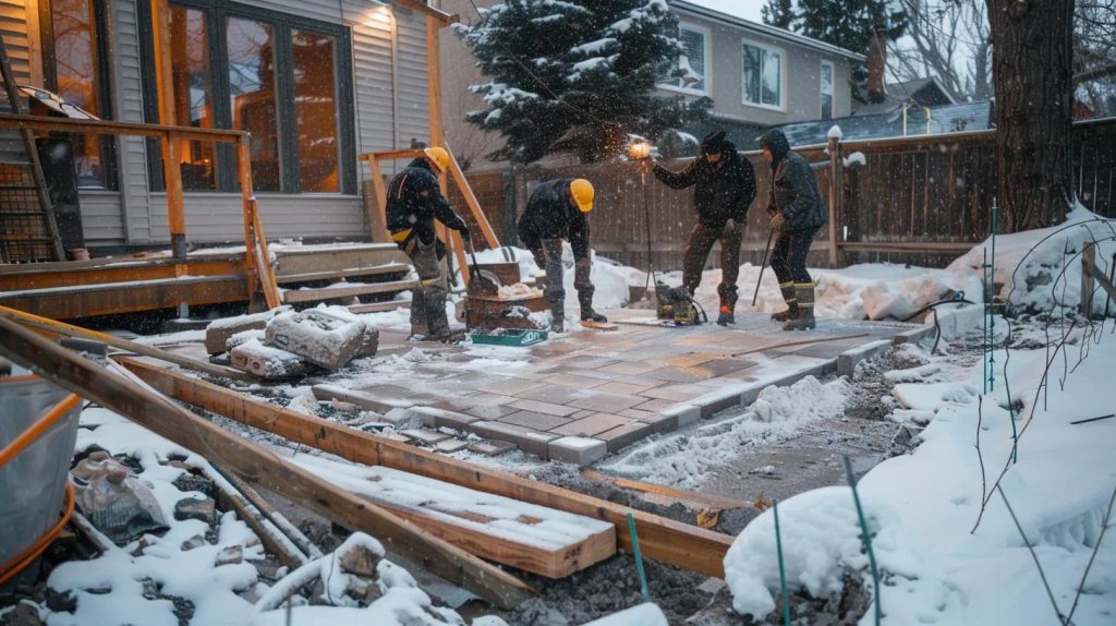 a team of professional patio builders constructing a sturdy and weather-resistant patio in a snowy area.