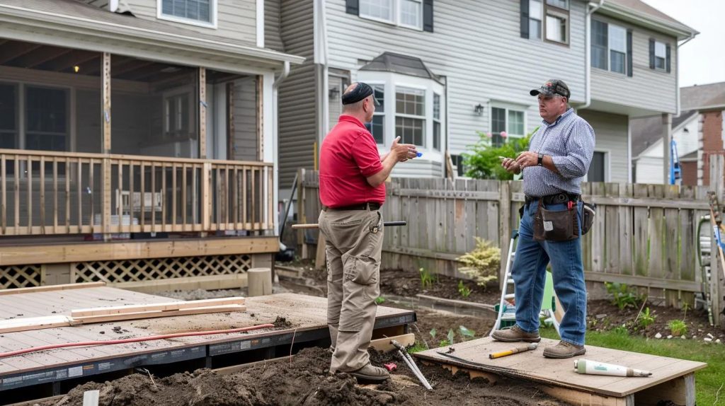 a homeowner discussing project details with a contractor in front of a half-built deck.