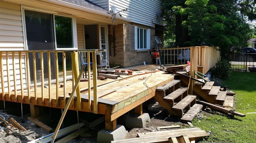 a deck being refurbished with new boards and railings, bringing new life to the outdoor space.