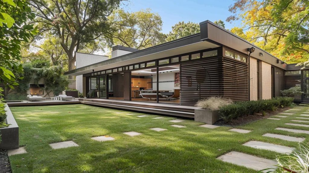 a modern horizontal slat fence lines the edge of a spacious backyard, adding a sleek and stylish touch to the outdoor space.