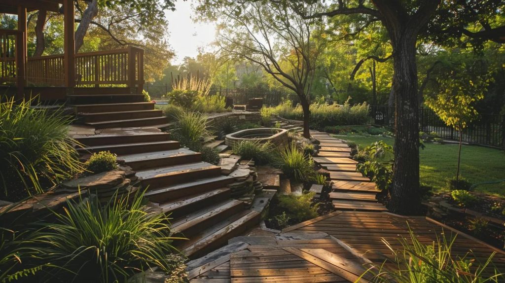 an expansive deck staircase leading from a beautiful home to a serene backyard retreat.