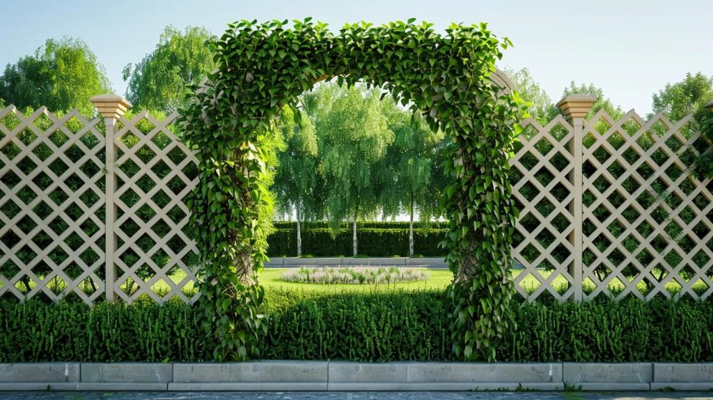 a trellis fence standing tall and elegant, defining the boundary of a lush garden with a backdrop of greenery.