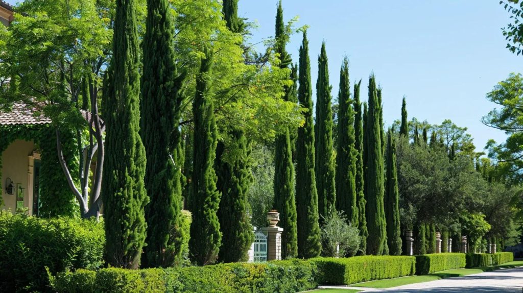a row of tall, lush trees creating a natural fence around a beautifully landscaped home.
