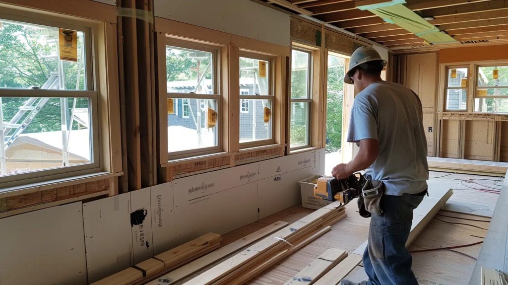 a contractor overseeing a team installing high-quality wood finishes and energy-efficient windows in a home renovation project.