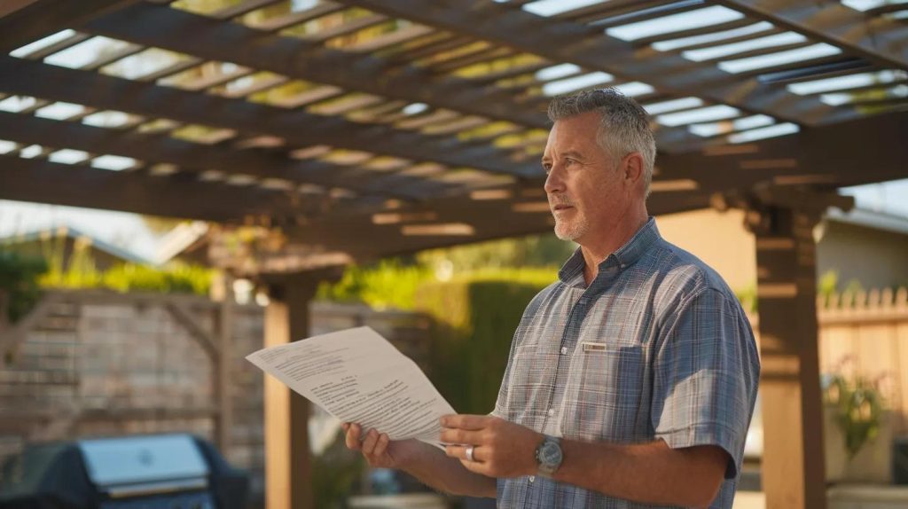 a homeowner inspecting the license and insurance certificate of a contractor standing next to a pergola installation.