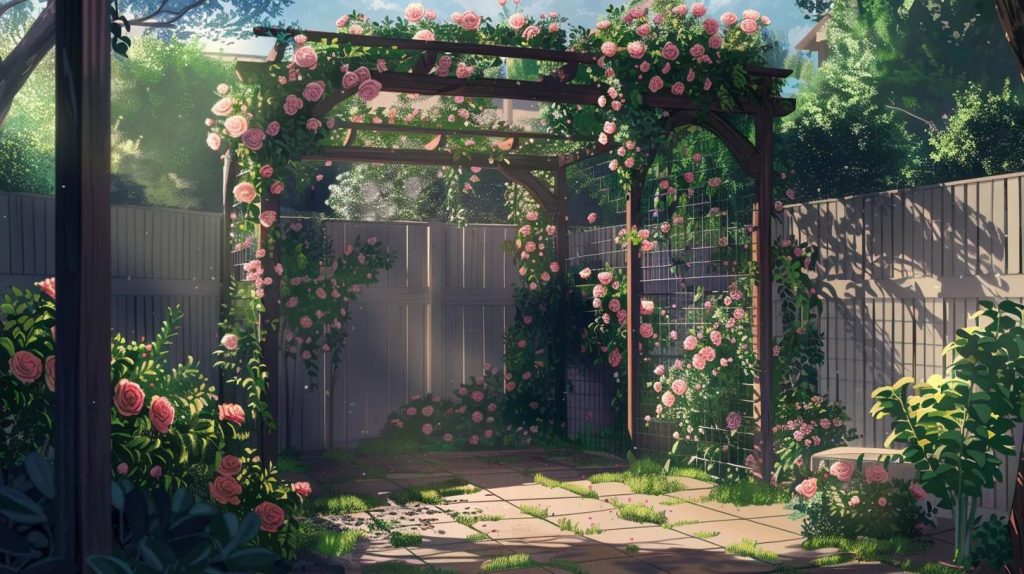 a serene backyard with a newly installed trellis surrounded by blooming roses.