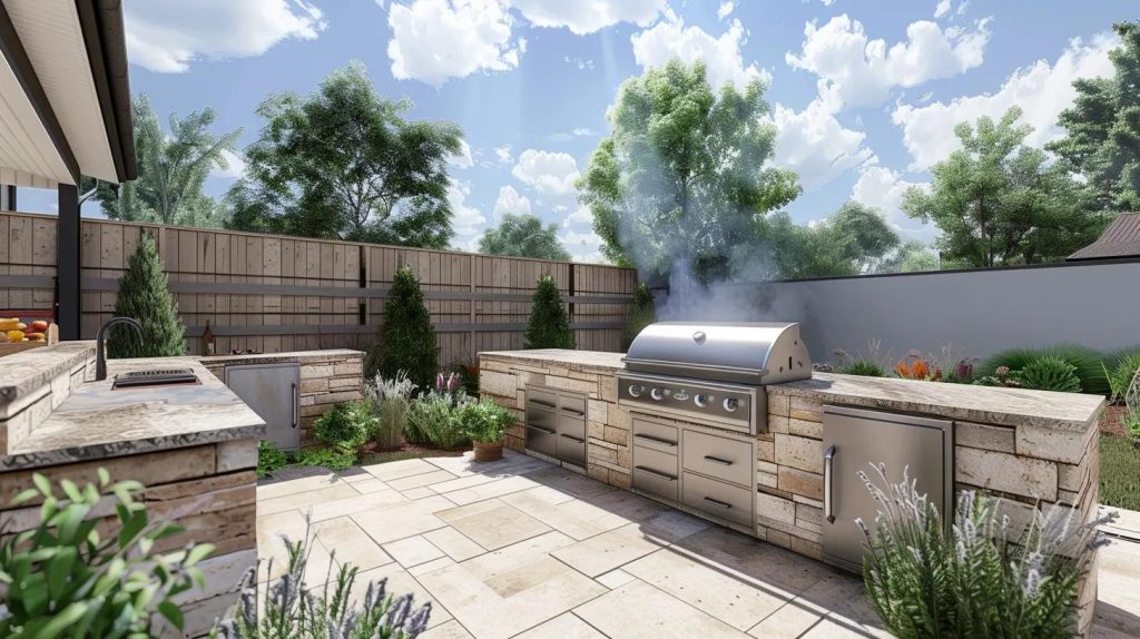 an outdoor kitchen with a sleek grill, stylish countertops, and modern appliances nestled under the bright copperas cove sky.