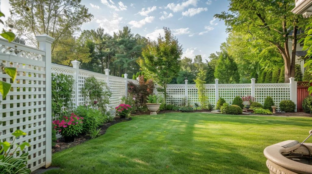 a serene backyard with a white privacy fence and lattice for added elegance and seclusion.
