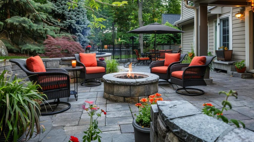 an outdoor patio with designated cozy seating areas, a dining space, and a fire pit, perfect for entertaining guests and relaxing.