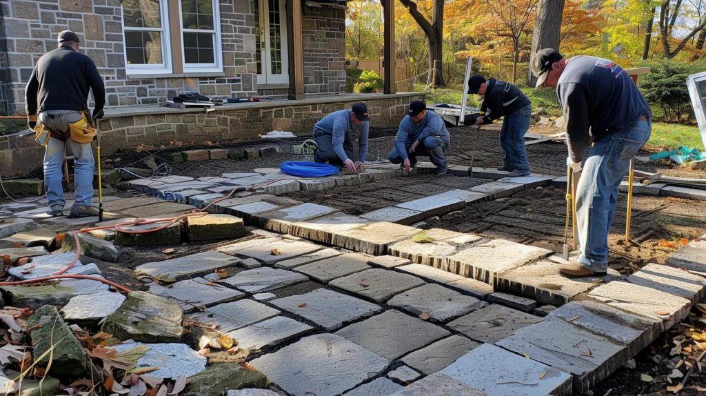 a group of workers measuring and laying down stone pavers for a patio hardscaping project.