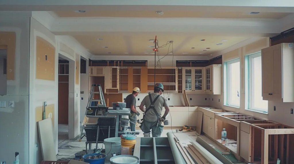 a team of contractors working together to transform a kitchen into a culinary masterpiece.